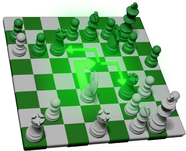 A 3D chessboard in a position where a white knight has a move available that would fork black's rooks. There is a green glowing arrow highlighting the move.